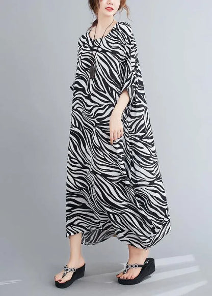 Handmade Striped Dresses O Neck Batwing Sleeve Loose Summer Dress