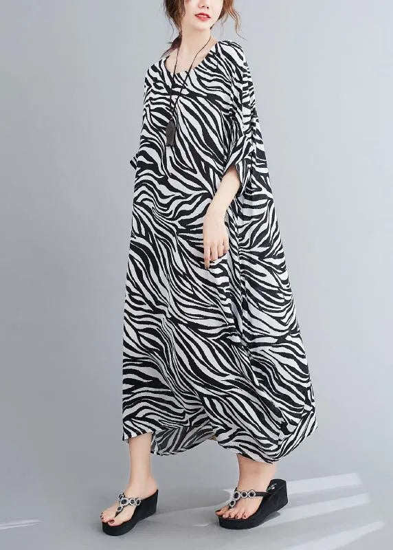 Handmade Striped Dresses O Neck Batwing Sleeve Loose Summer Dress