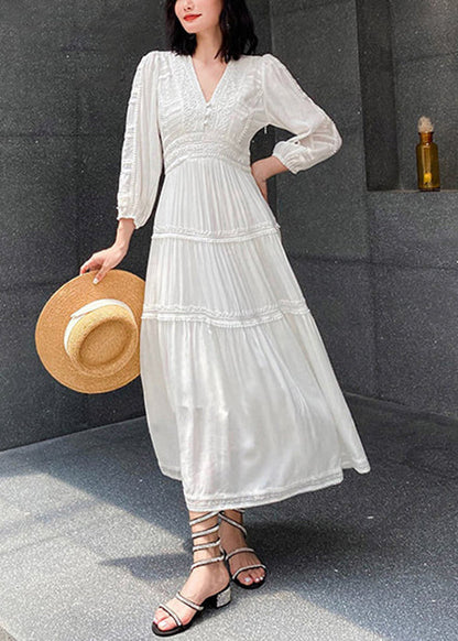 Red V Neck Wrinkled Cotton Long Dress Spring