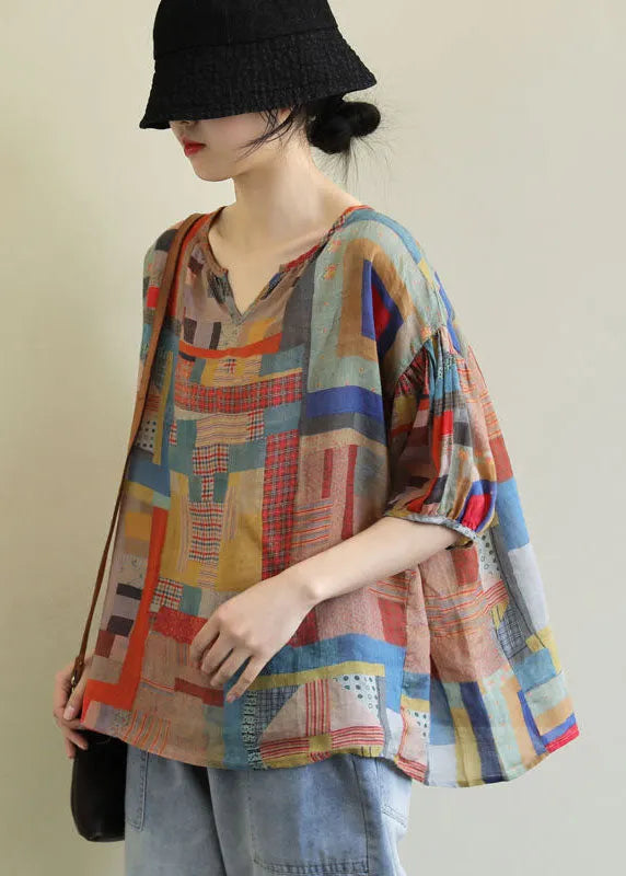 Diy Colorblock V Neck Geometric Print Linen Loose Tops Short Sleeve