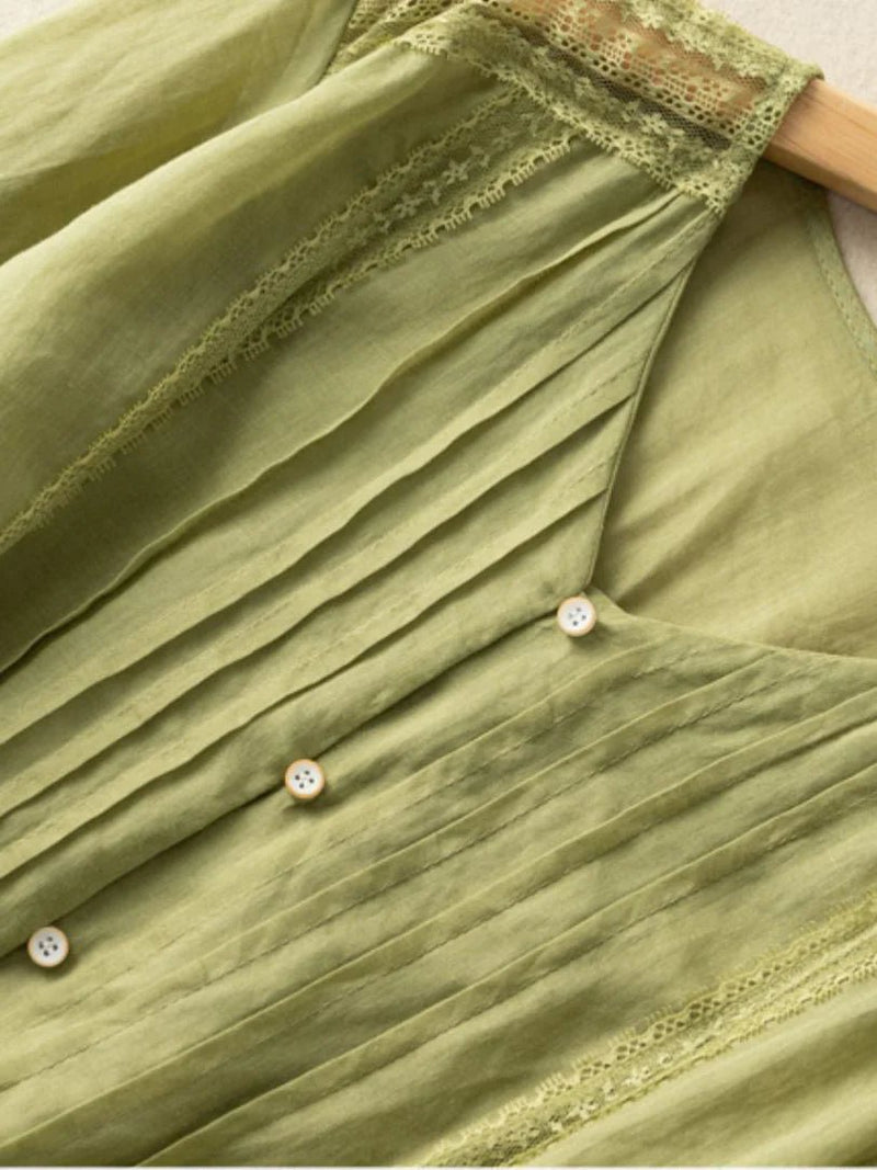 Pure Color V Neck 3/4 Sleeve Linen Top