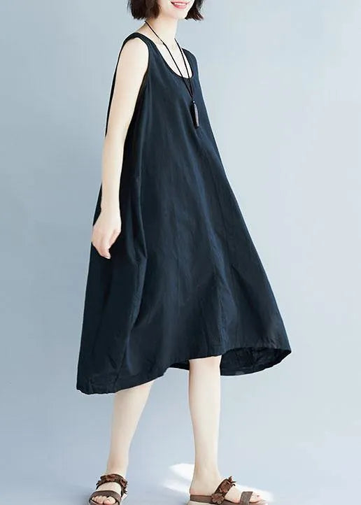 Black O Neck Linen Quilting Dresses Sleeveless Clothing Summer Dress