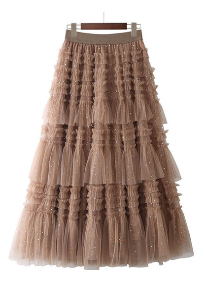 Green Elastic Waist Sequins Ruffled Tulle Skirts Spring