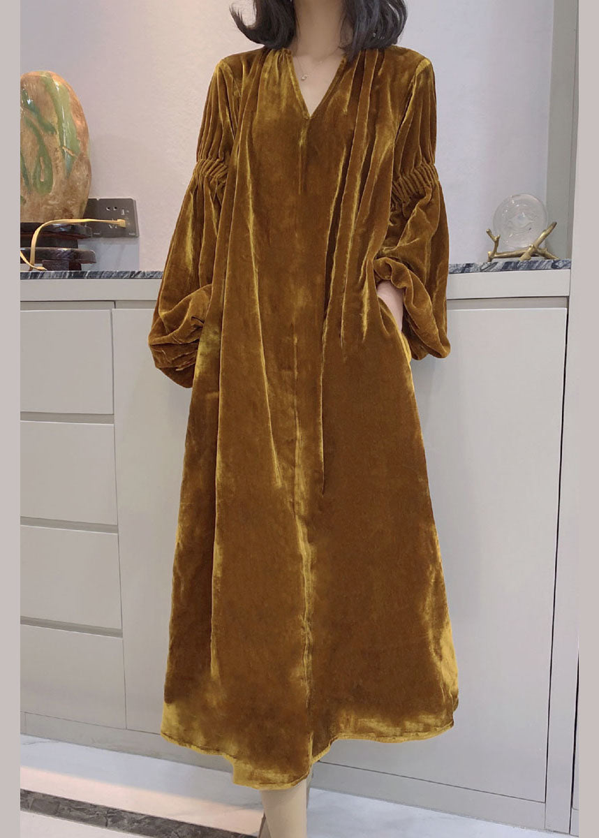 Yellow Puff Sleeve Pockets Velour Dress