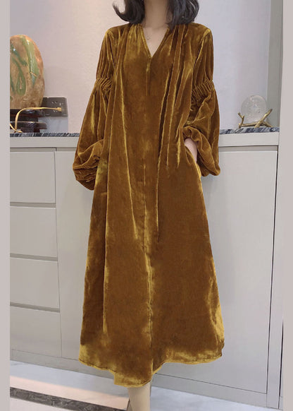Yellow Puff Sleeve Pockets Velour Dress