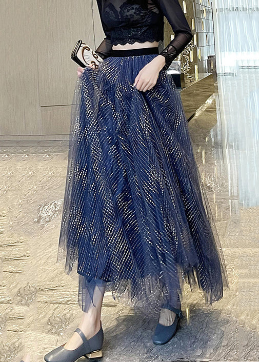 Blue Wrinkled Tulle a Line Skirts High Waist Summer