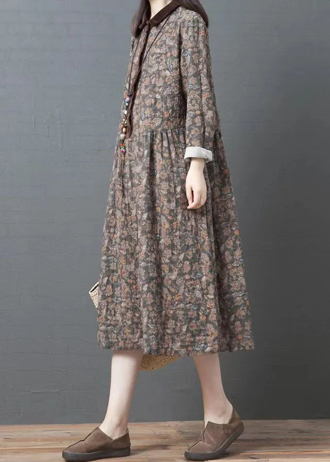 Organic Lapel Pockets Cotton Clothes Coffee Print Art Dresses