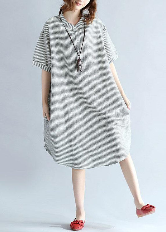 Side Open Cotton Long Shirts Work Gray Striped Dresses Summer