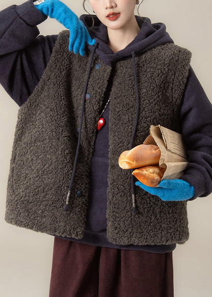 Blue Plaid O-neck Pockets Warm Faux Fur Waistcoat Winter