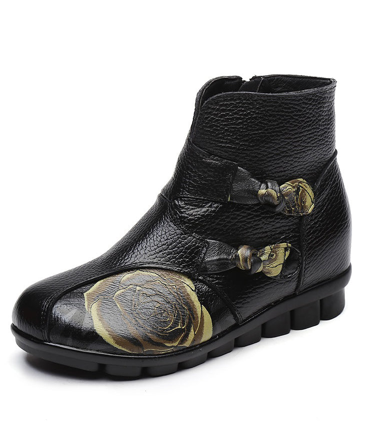 Splicing Flats Ankle Boots Black Cowhide Leather