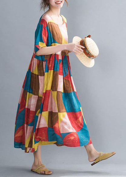 Classy Multicolor Plaid Cotton Clothes O Neck Cinched Kaftan Summer Dress