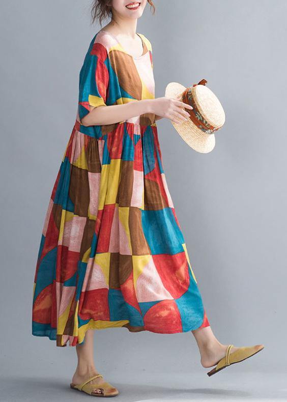 Classy Multicolor Plaid Cotton Clothes O Neck Cinched Kaftan Summer Dress