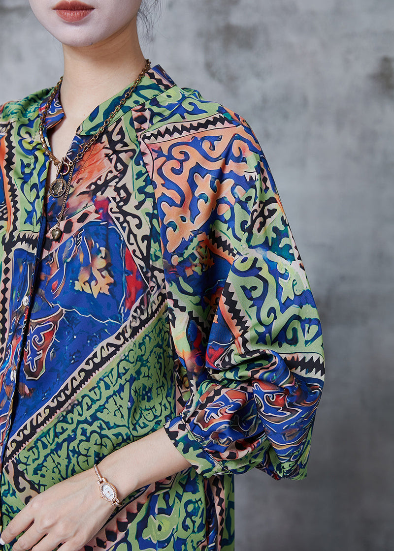 Green Print Draping Silk Tea Dress Spring
