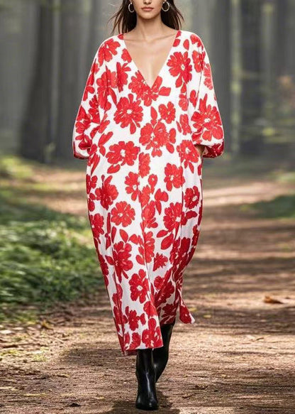 Red V Neck Print Pockets Silk Long Dresses Spring