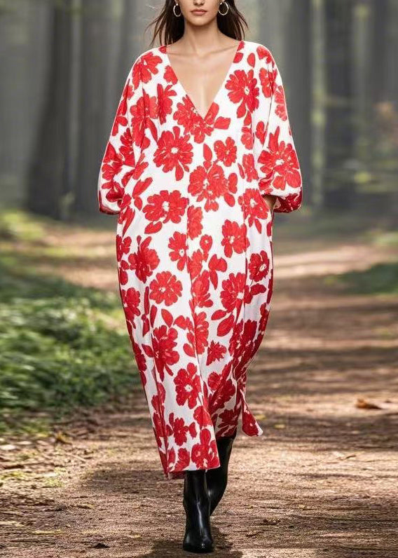 Red V Neck Print Pockets Silk Long Dresses Spring