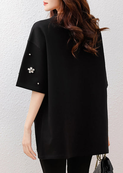 Fine Black Oversized Rhinestone Cotton Tops Summer