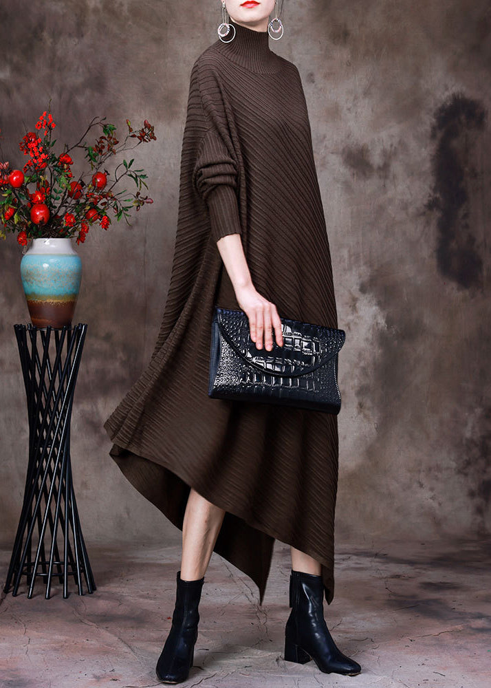 Loose Coffee Turtleneck Asymmetrical Knit Dresses Long Sleeve
