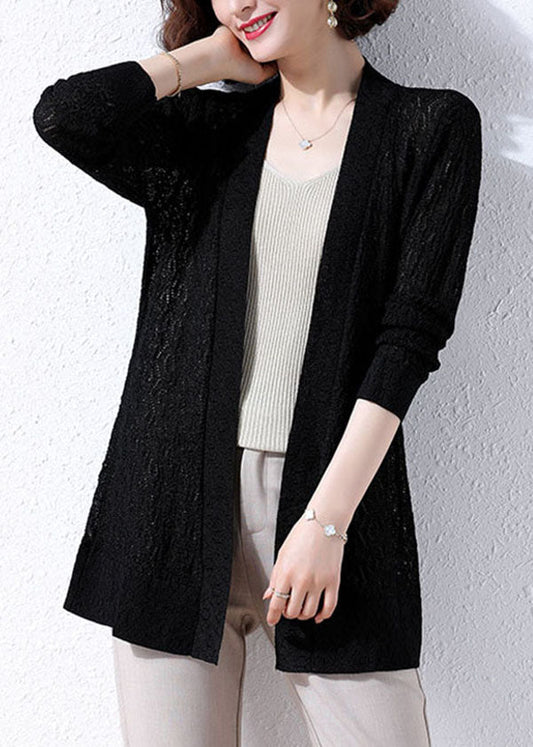 Black Patchwork Knit Cardigans Embroidered Hollow Out Fall