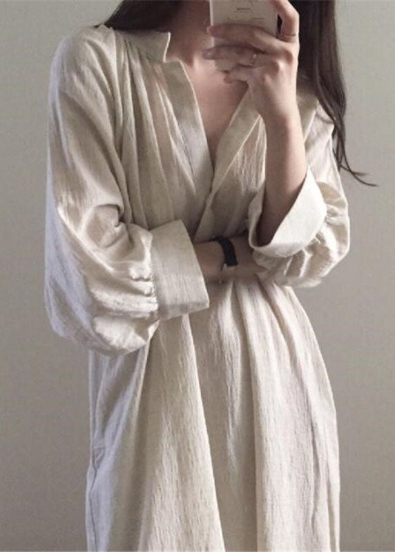 Apricot Side Open Stand Collar Cotton Dresses Long Sleeve