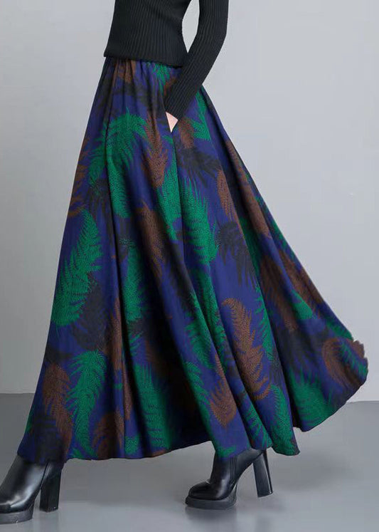 Colorblock Print Pockets Elastic Waist Cotton Skirt Winter