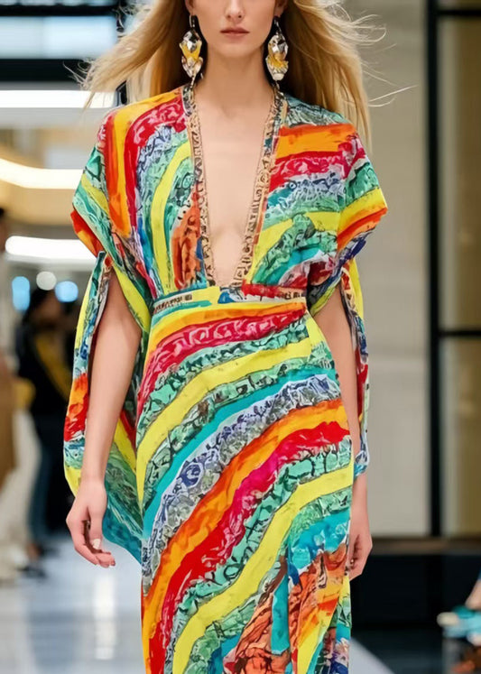 French Rainbow V Neck Print Chiffon Ankle Dress Summer