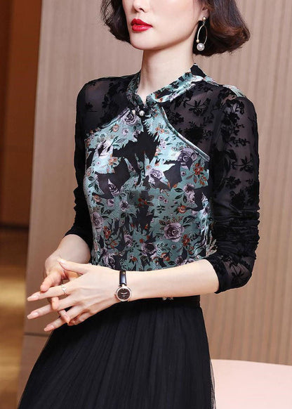 Colorblock Mandarin Collar Patchwork Silk Velour Shirt Top Long Sleeve