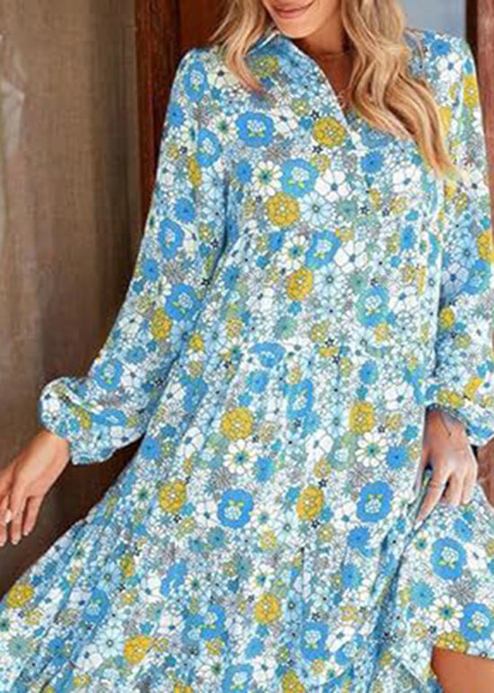 Blue Print Wrinkled Patchwork Chiffon Dress Fall
