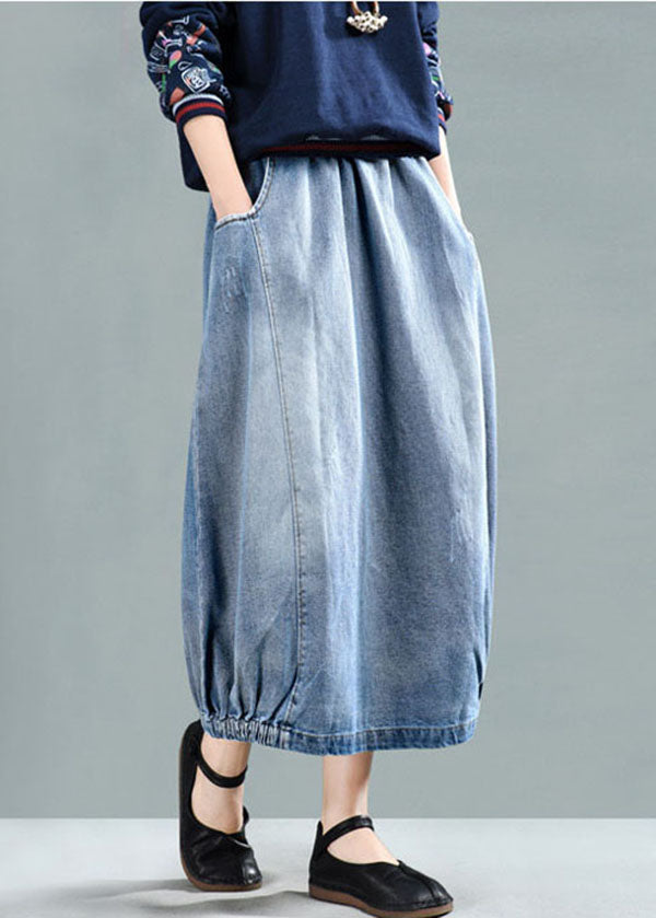 Light Blue Elastic Waist Pockets Cotton Denim Skirt Cozy