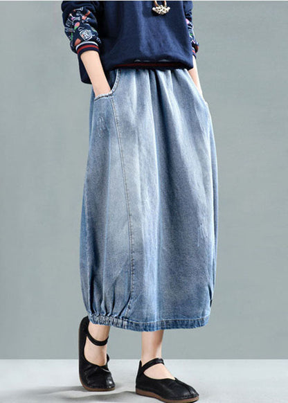 Light Blue Elastic Waist Pockets Cotton Denim Skirt Cozy