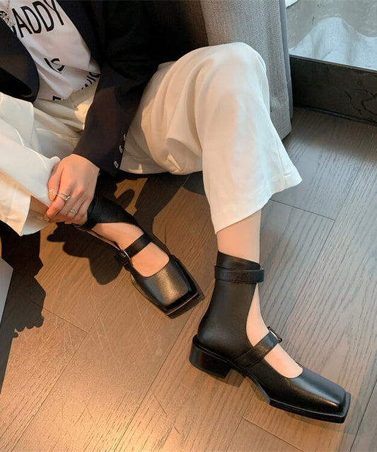Black Chunky Cowhide Leather Classy Splicing Sandals Boots