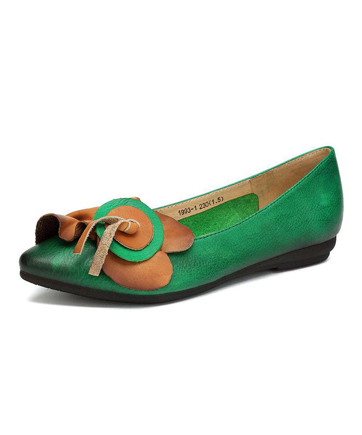Green Splicing Cowhide Leather Flat Shoes Pointed Toe