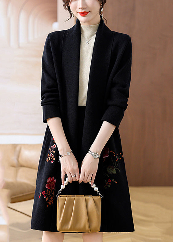 Black Cozy Woolen Maxi Cardigans Fall
