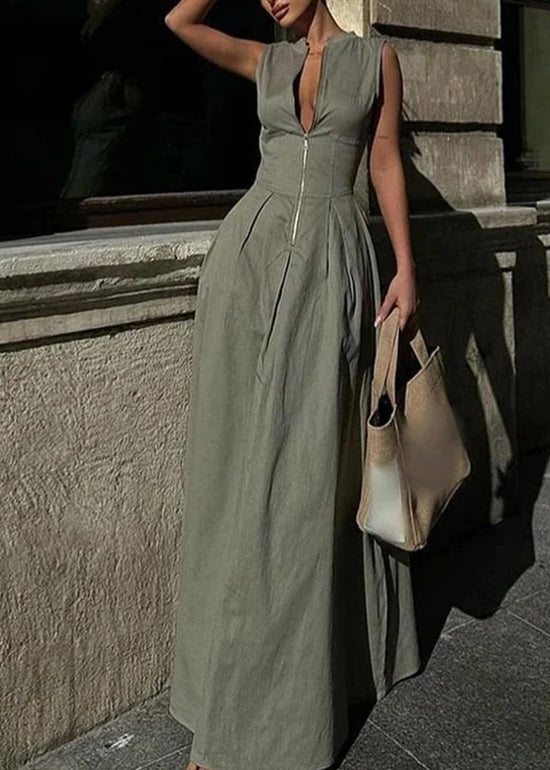 Green Zip Up Pockets Patchwork Cotton Long Dress Sleeveless