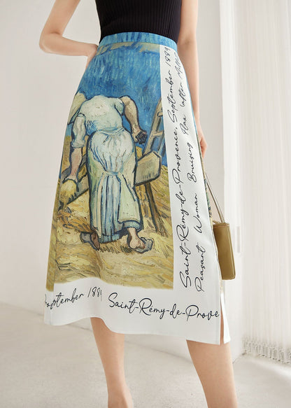 Italian Colorblock Print Silk a Line Skirts Summer