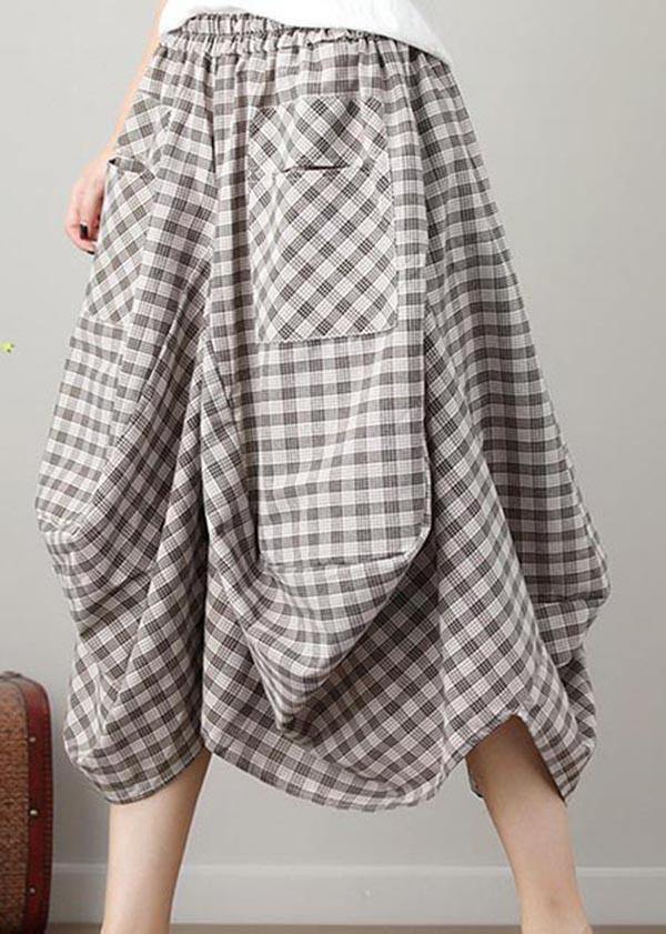 Black Plaid Cotton Linen Lantern Skirts Summer