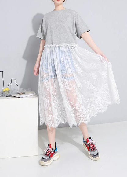 100% Gray Cotton Clothes for O Neck Maxi Patchwork Sundress