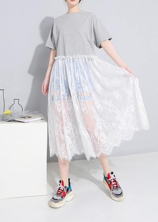 100% Gray Cotton Clothes for O Neck Maxi Patchwork Sundress