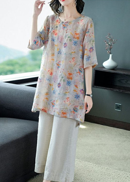 Pink Patchwork Tops and Pants Linen Two Pieces Set Button Summer