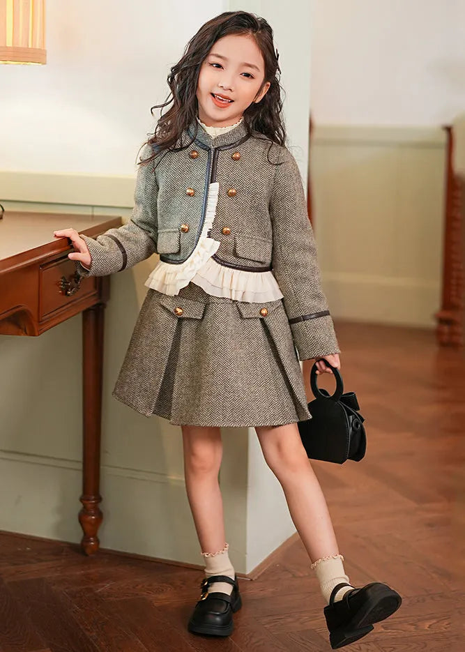 Grey Ruffled Patchwork Button Thick Kids Coat and Skirts Two Piece Set Spring