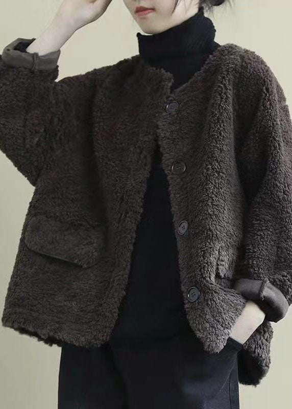 Coffee Loose Pockets Button Fall Long Sleeve Coat