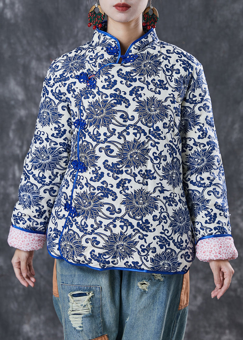 Blue Print Mandarin Collar Fine Cotton Filled Jacket Winter