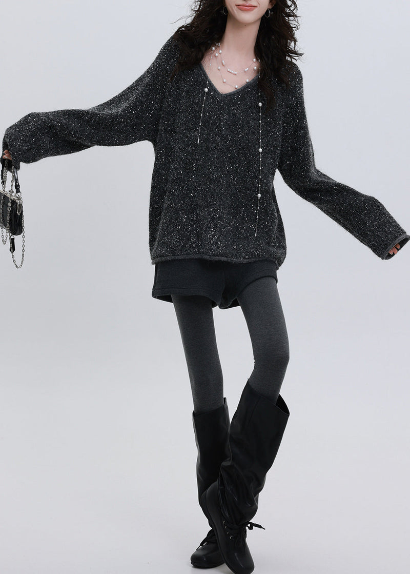 Charcoal Grey Sequins Oversized Knit Sweater Tops Winter