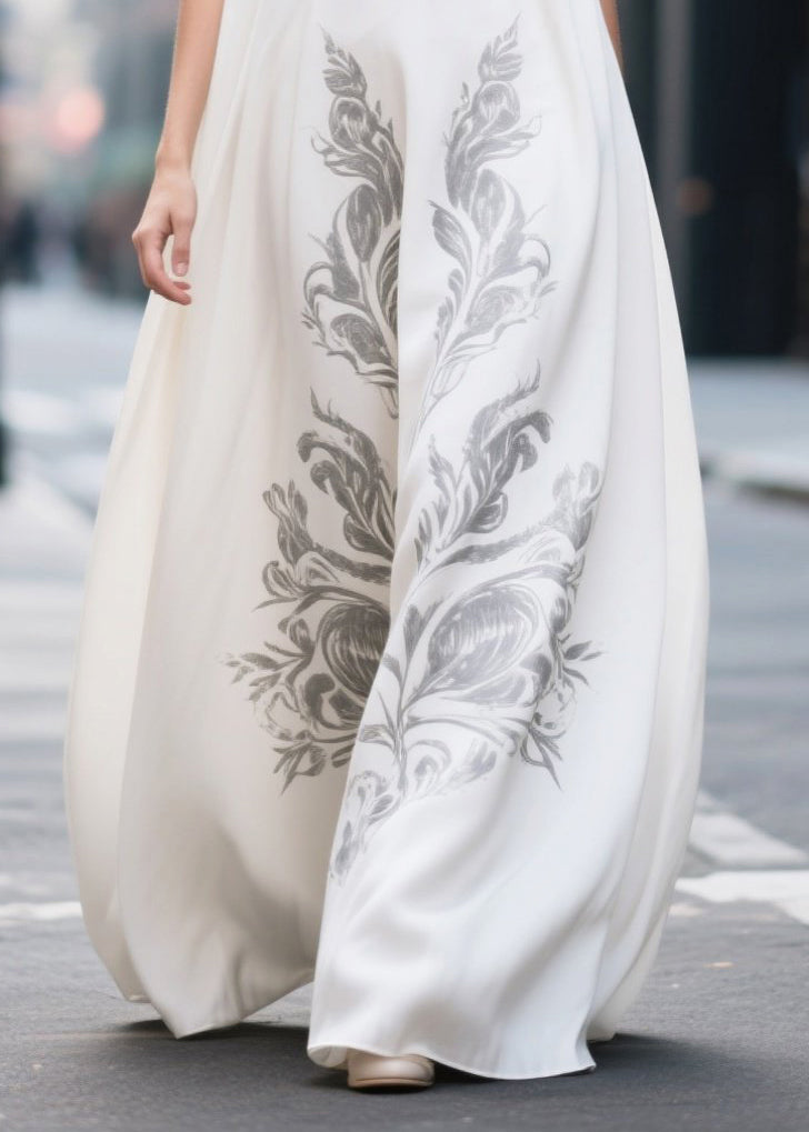White Oversized Print Chiffon Holiday Dress Sleeveless
