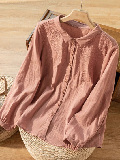 Embroidered Long Sleeve Linen Shirt Top