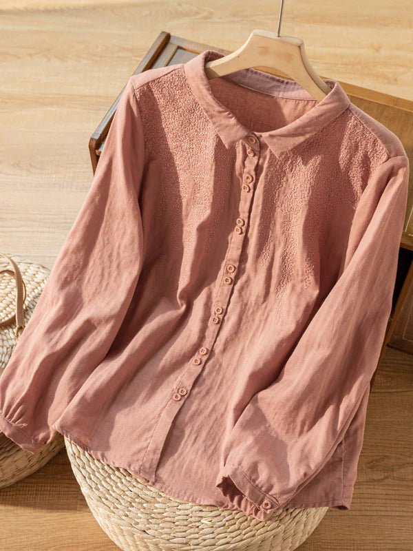 Embroidered Long Sleeve Linen Shirt Top