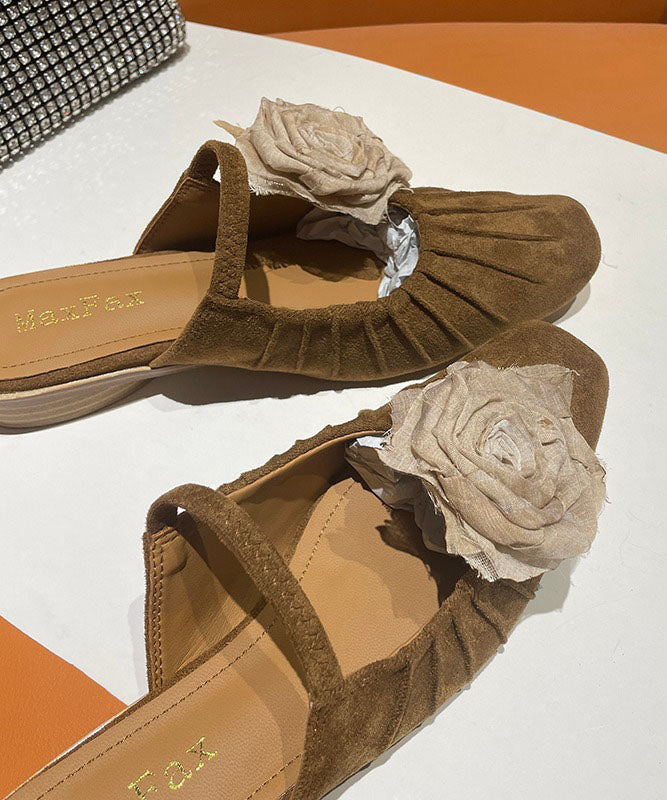 Brown Slide Sandals Splicing Wrinkled