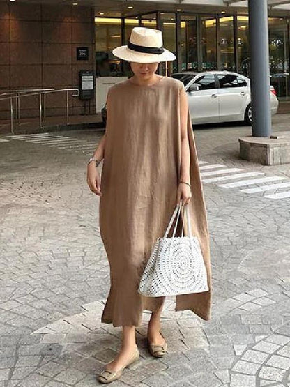 O Neck Side Open Linen Cotton Clothes Fabrics Khaki Dress