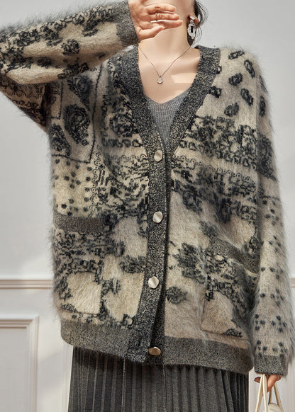 Grey V Neck Print Cotton Knit Cardigan Long Sleeve