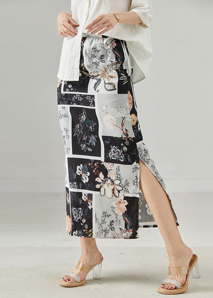 Black Print Side Open Chiffon Skirts Summer