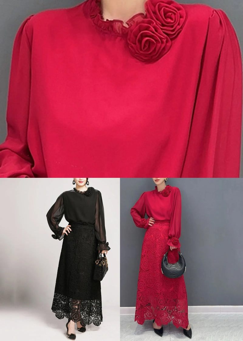 Black Lace Shirts and Maxi Skirts Two Pieces Set V Neck Long Sleeve